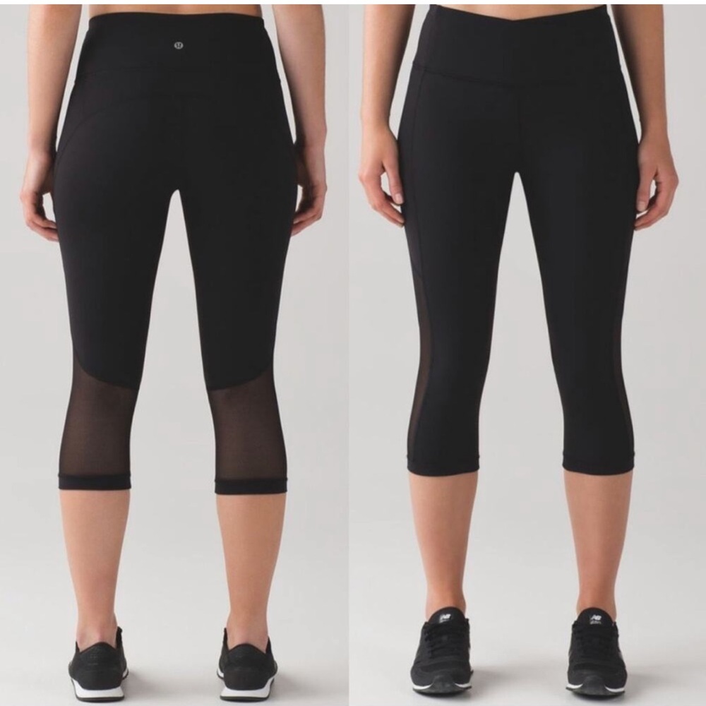 Lululemon Gear Up Crop Legging Size 8 Black Mesh Panel Pockets
